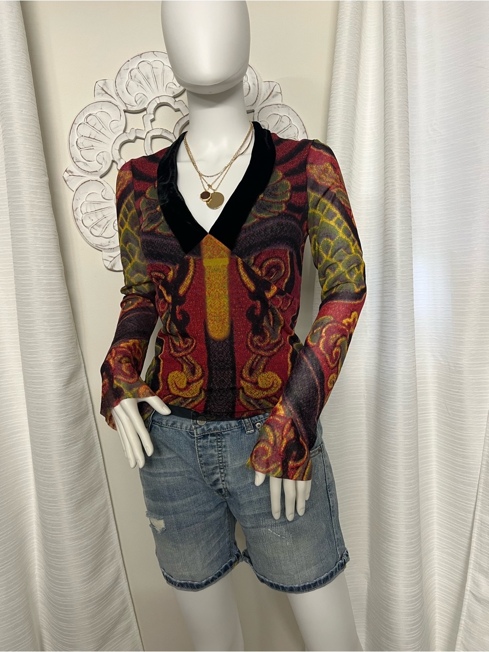 Vivienne Tam Long Sleeve Colorful Baroque Top – Velvet V-Neck | Size 1 - Picture 2 of 10